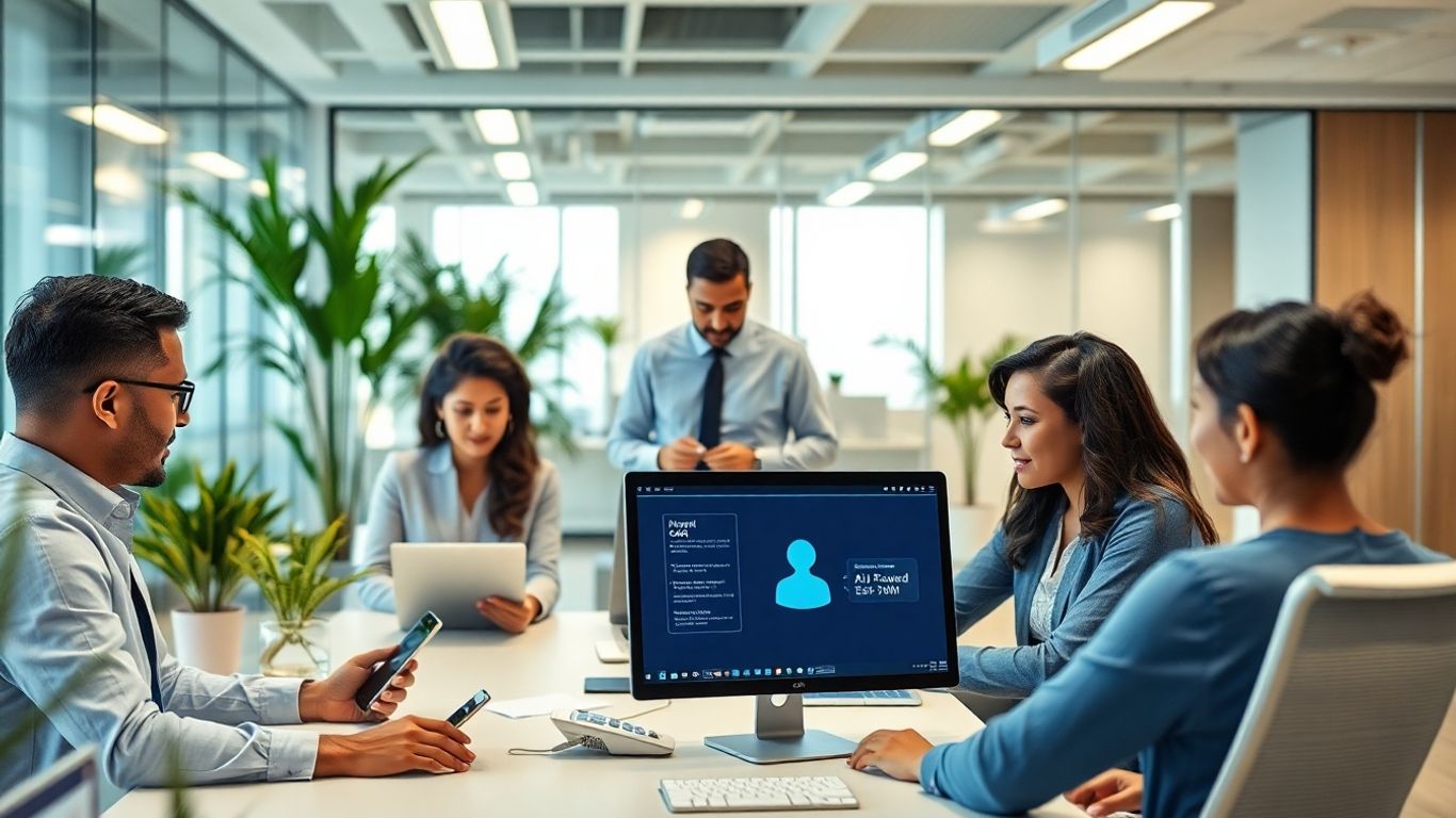 Professionals using AI voicemail in modern Rancho Cucamonga office