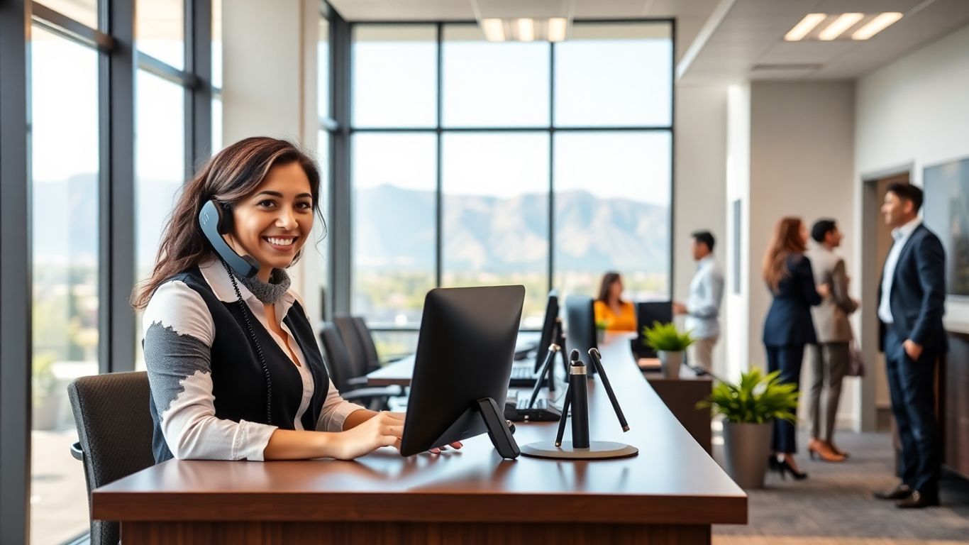 Receptionist answering calls in a modern Rancho Cucamonga office