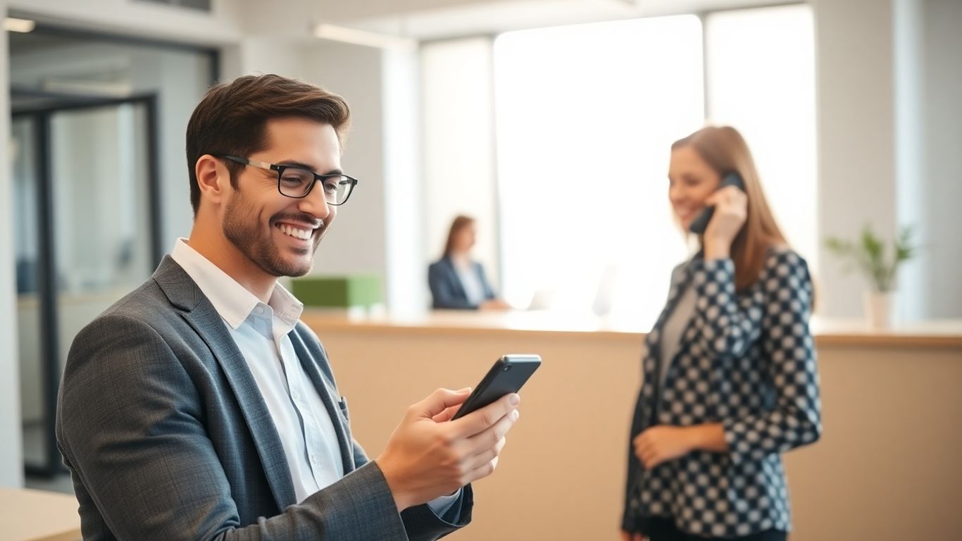 Business owner with phone, receptionist answering calls nearby