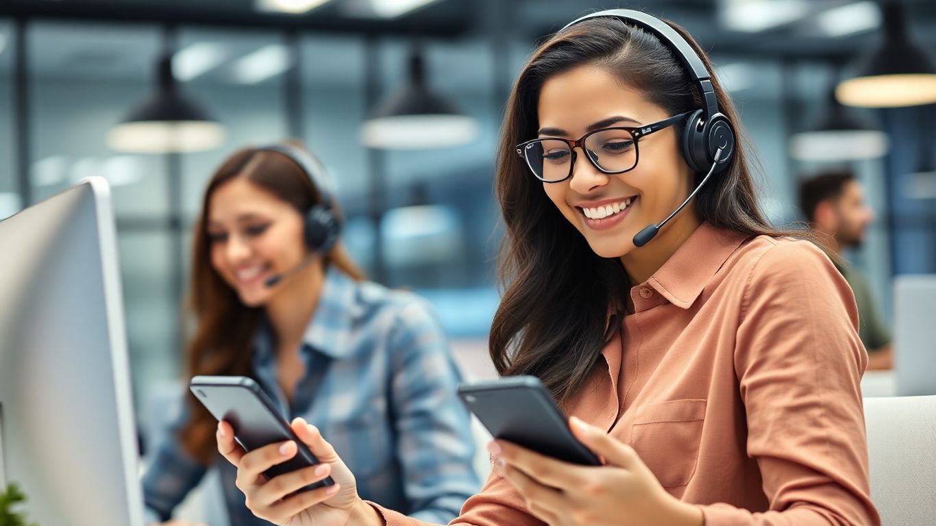 Friendly call center agent conversing with customer