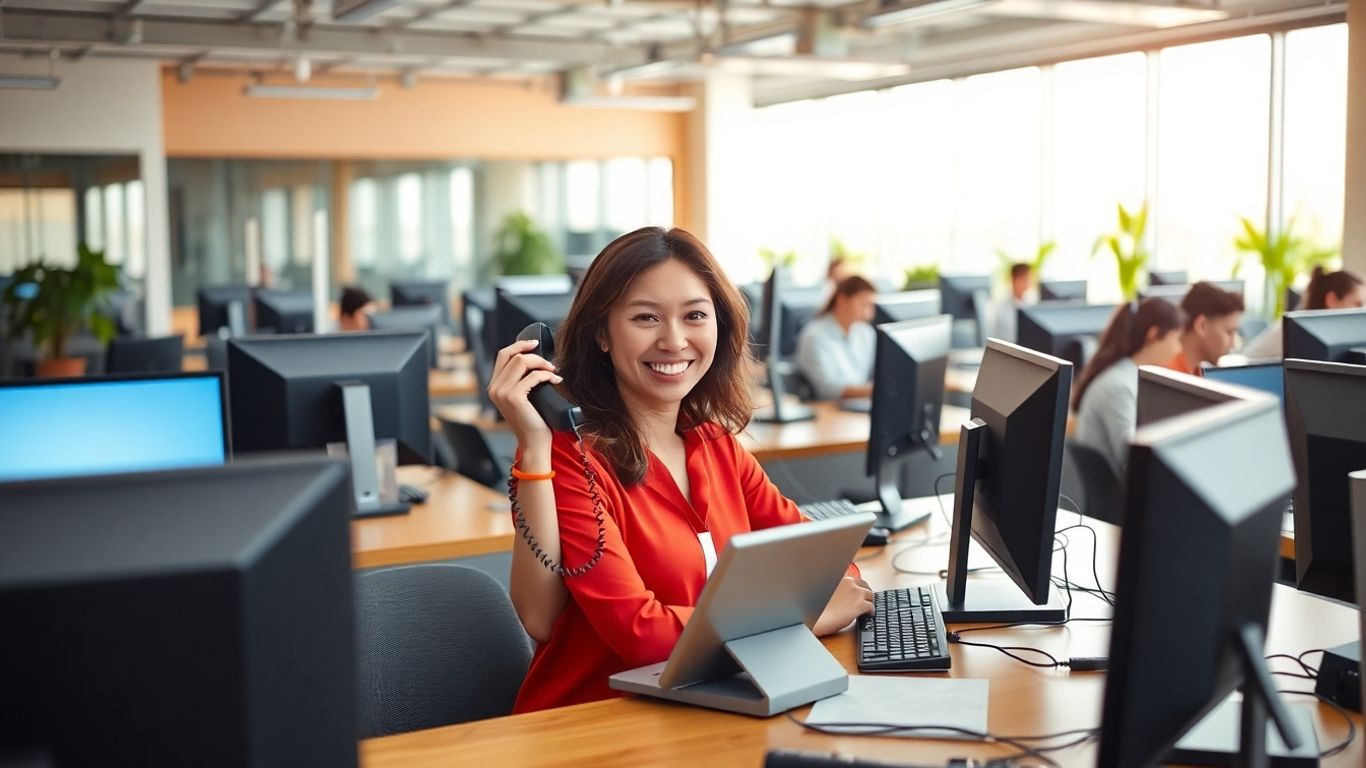 Receptionist answers phone in busy modern office setting