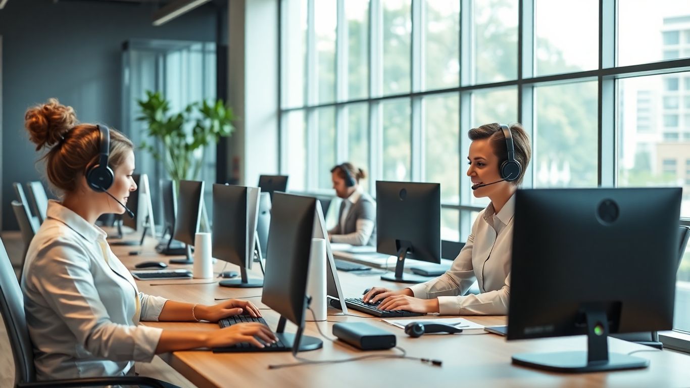Busy office team managing parallel phone calls professionally.