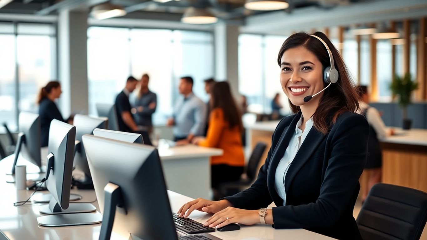 Receptionist answering call in a modern office setting