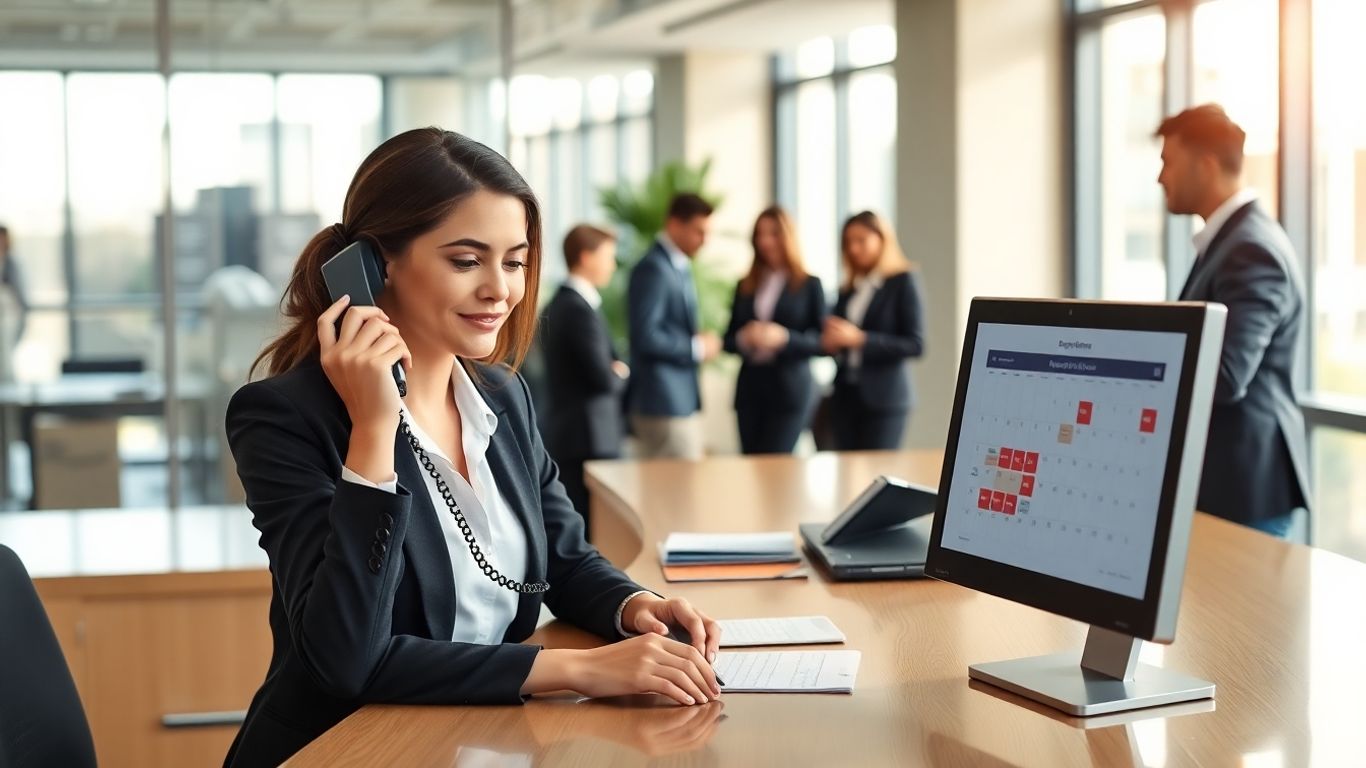 Receptionist answering calls with digital calendar in office