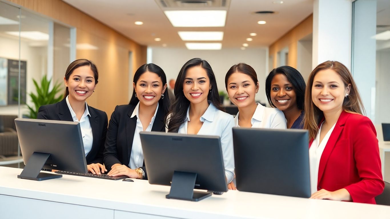 Friendly receptionists greeting clients at a modern office desk.