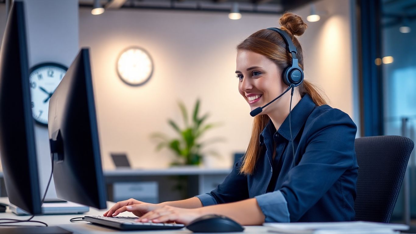 Answering service agent working late in office.