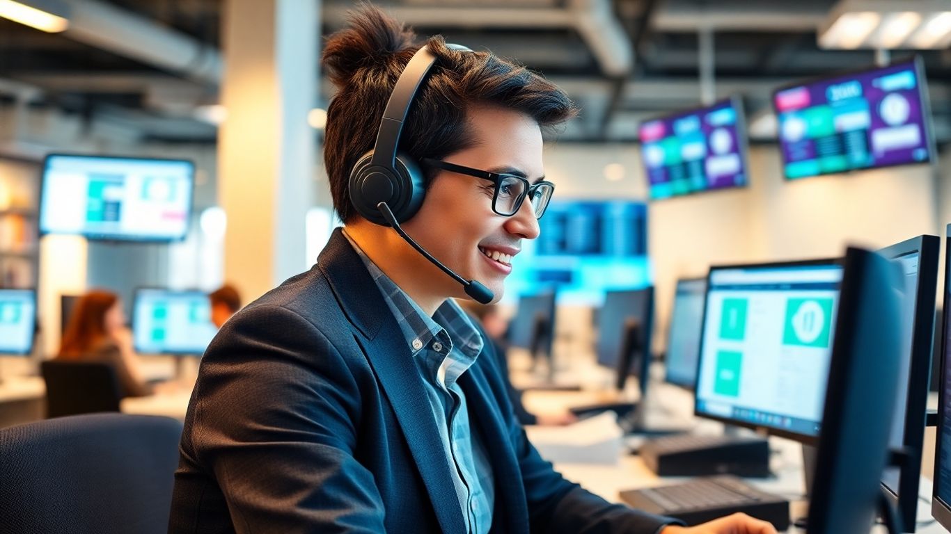 Call center agent with headset managing business calls