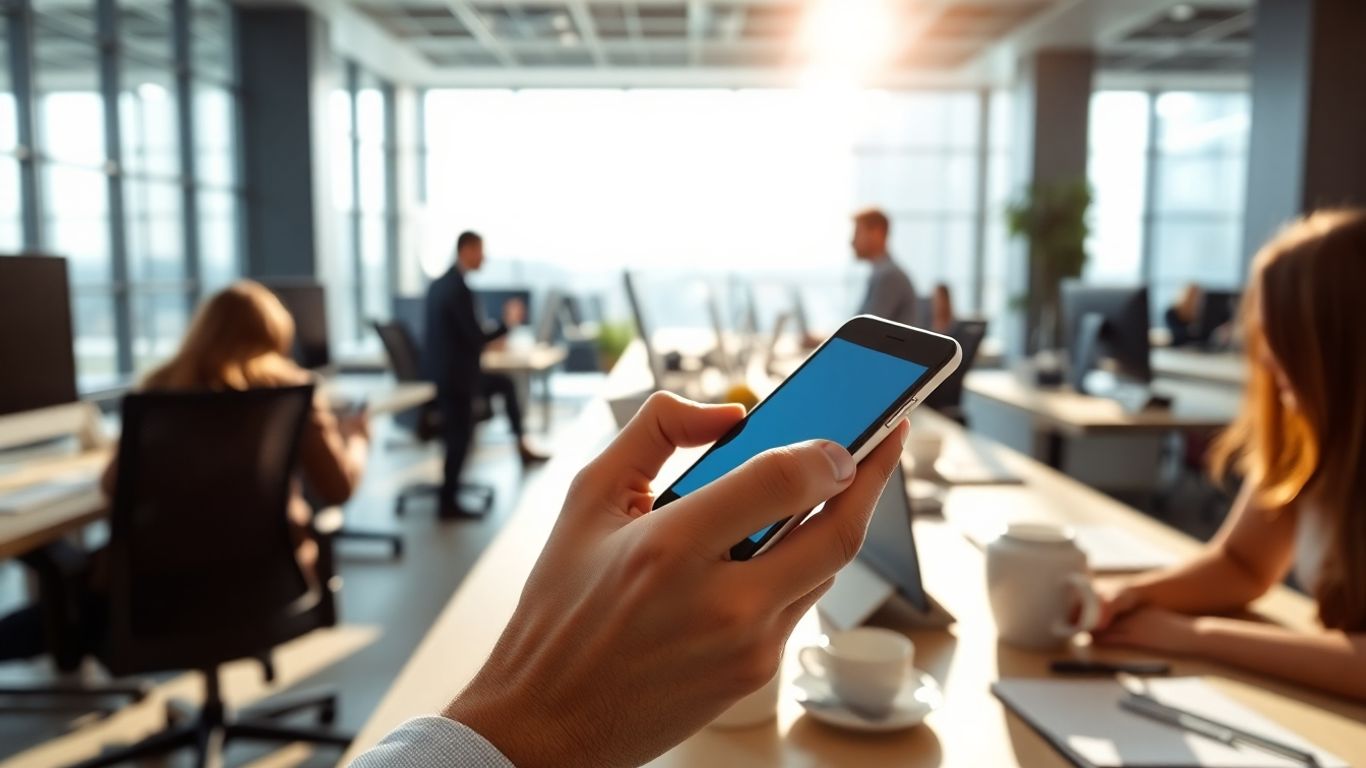 Business professional texting in a modern office setting