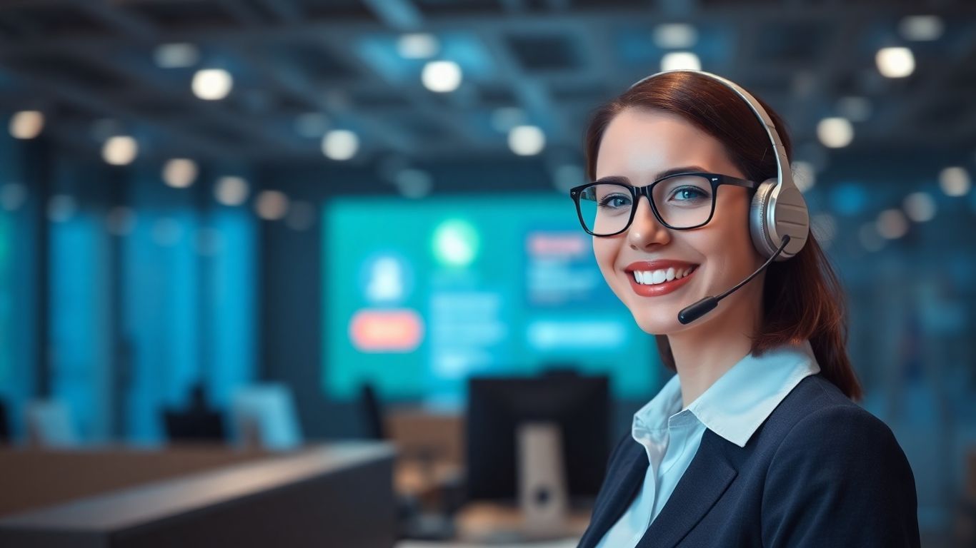 Office receptionist using headset and digital call display