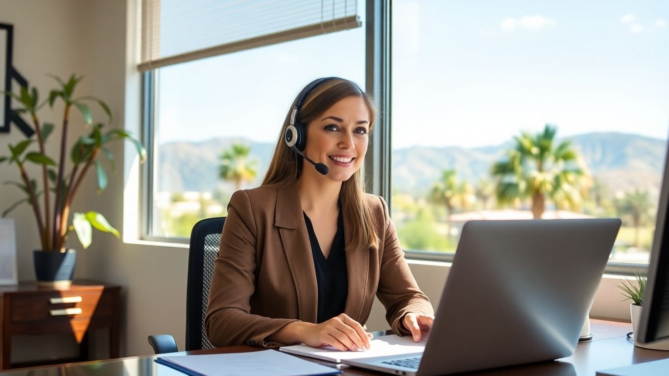 Customer service agent in Santa Clarita office with mountains.