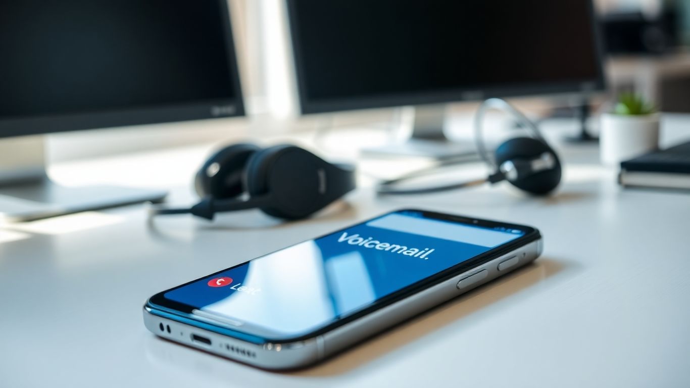 smartphone voicemail notification on office desk with headset