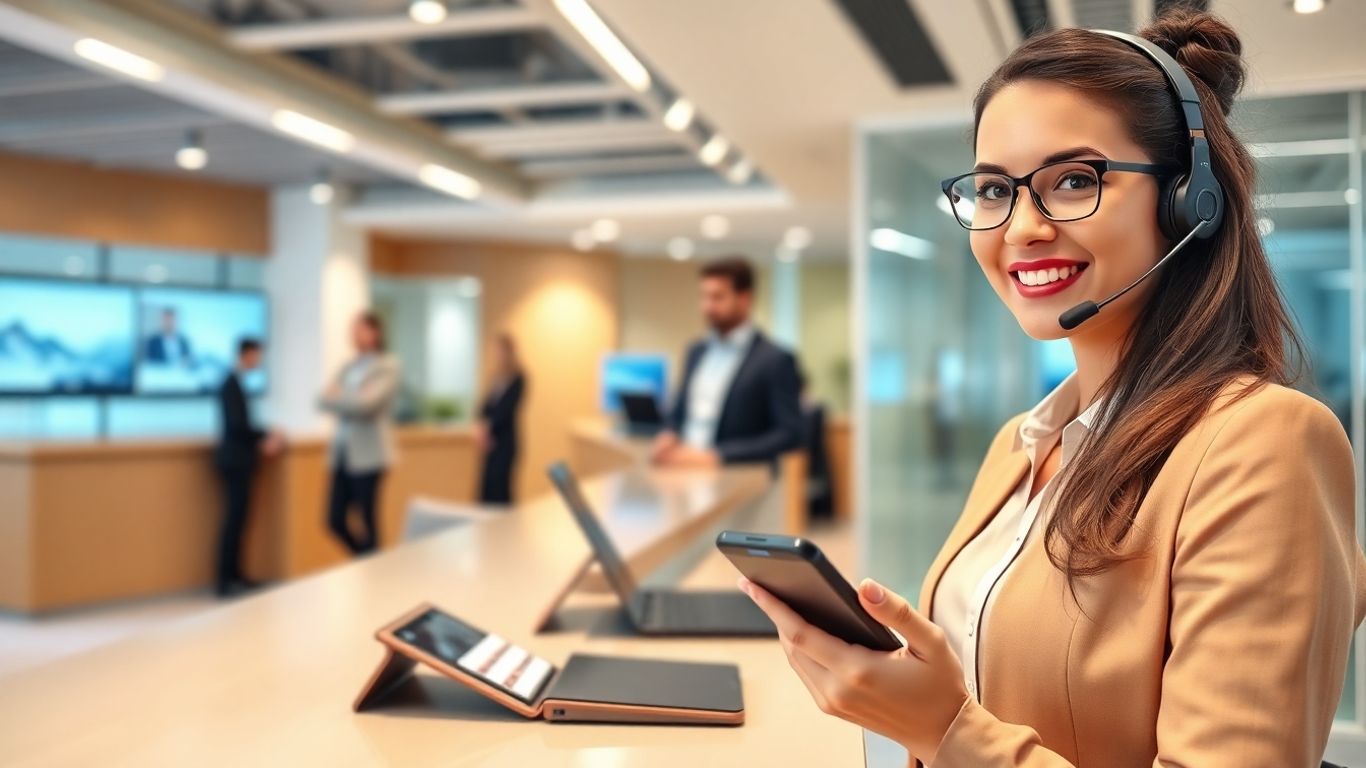 Receptionist handles calls and SMS in modern office