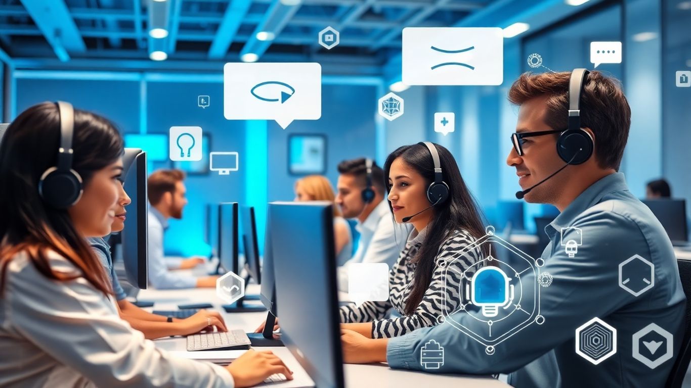 Modern call center agents using AI-powered communication tools