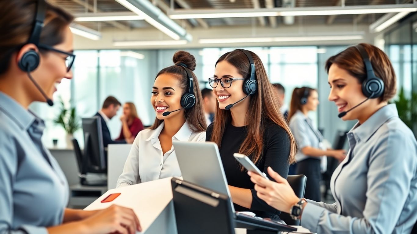 Receptionists answering phones in a modern business office