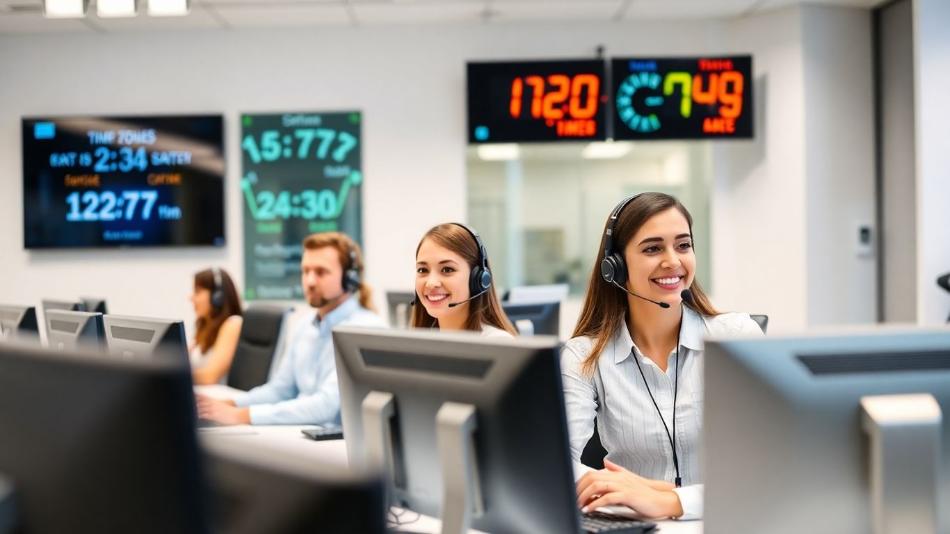 Call center agents working at desks wearing headsets.