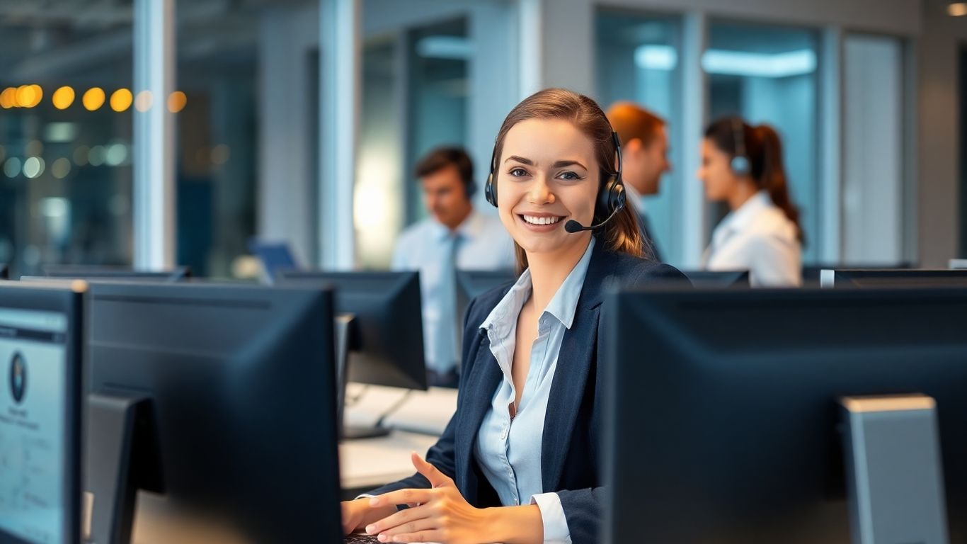 Customer service agent on headset in modern office