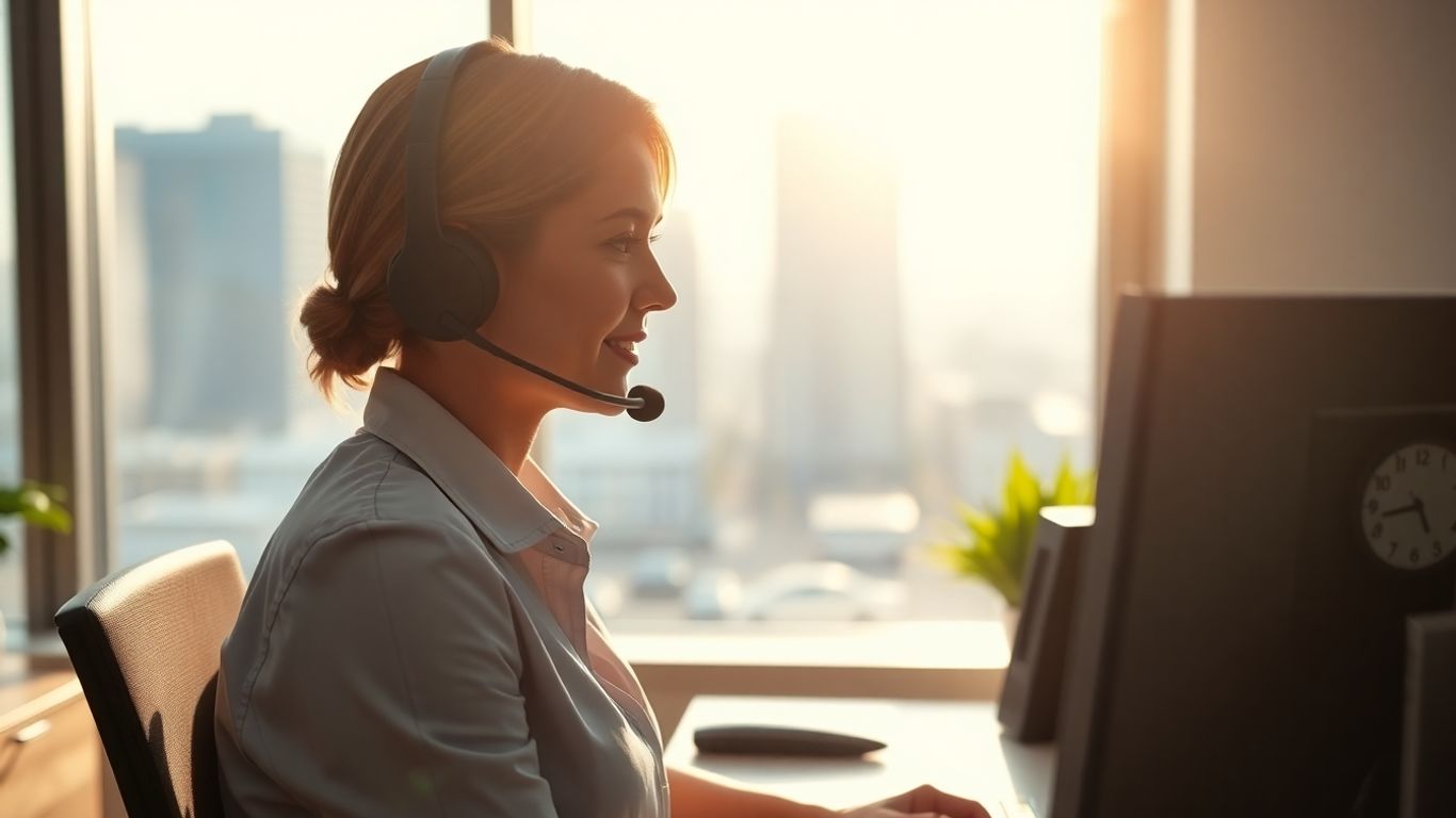 Call center agent with Midland cityscape and clock.