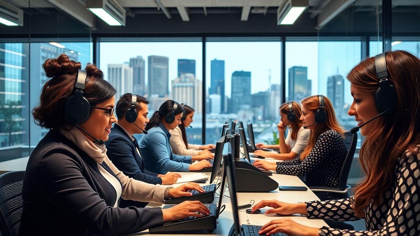 Busy call center agents in lively Midland office