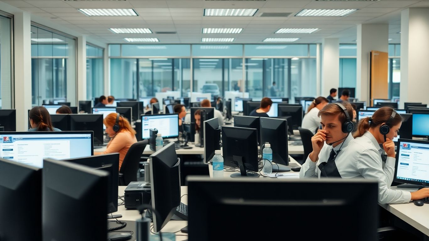 Professional office staff answering phones in modern workspace