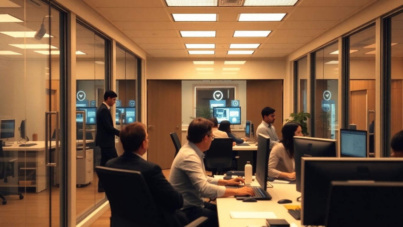 Secure office environment with employees and visible security measures