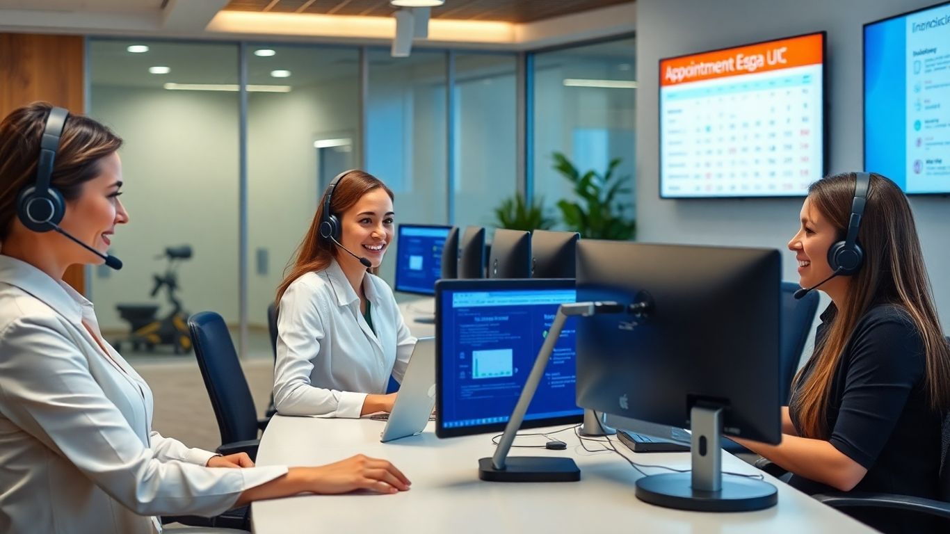 Receptionists with headsets in a modern office workspace