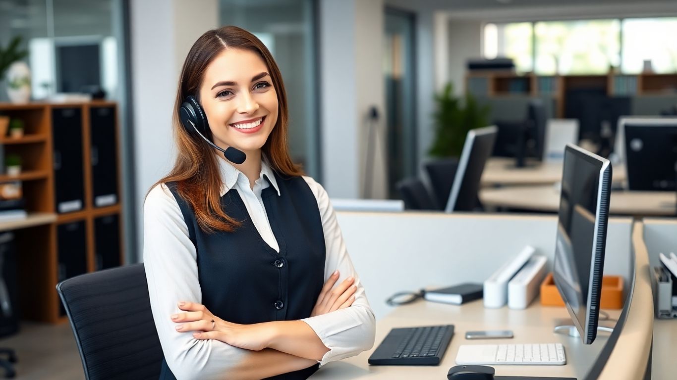 Receptionist answering calls in modern office with headset