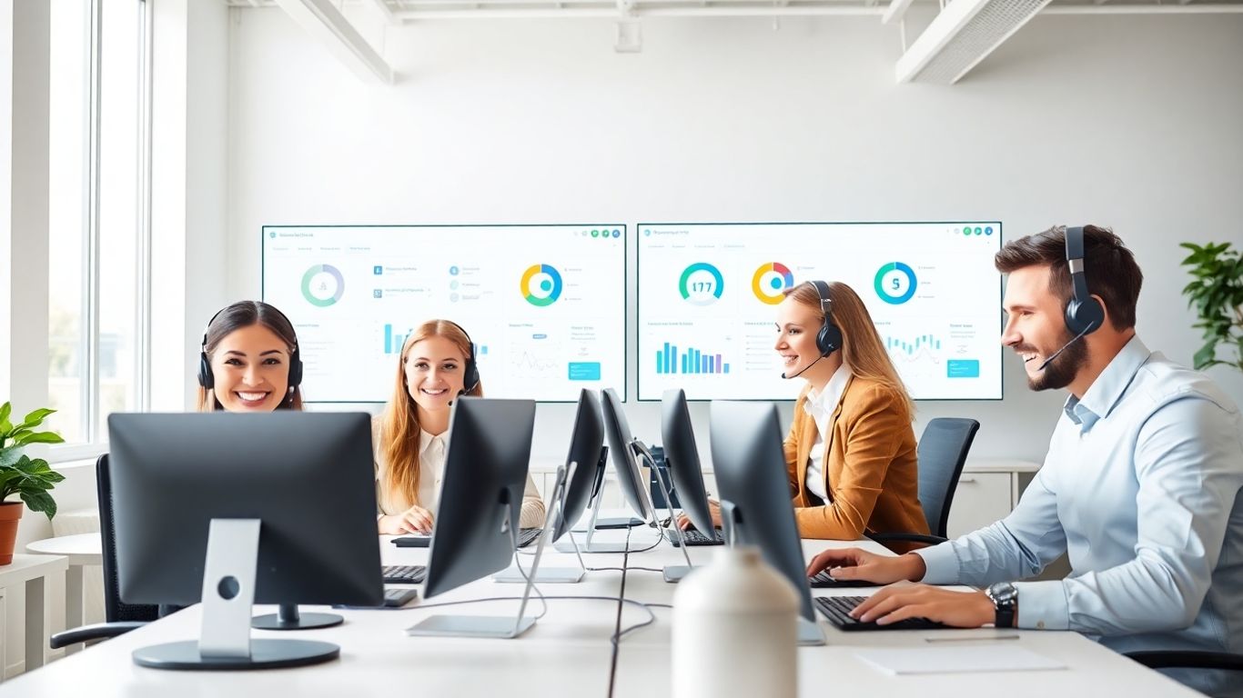 Customer service agents use computers with CRM dashboards