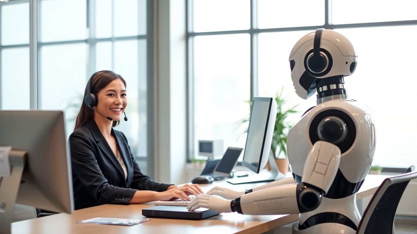 Receptionist and AI robot in modern Abilene office