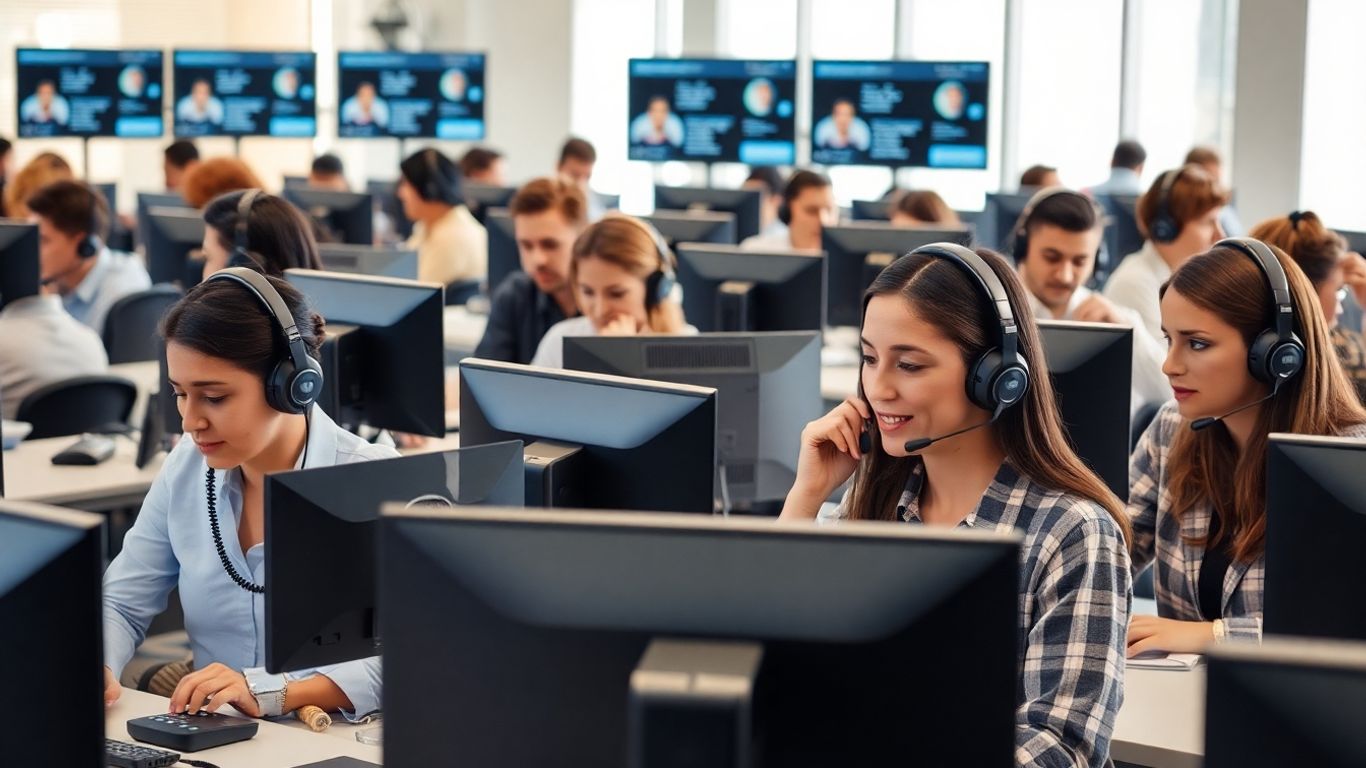 Modern office staff using advanced answering service equipment