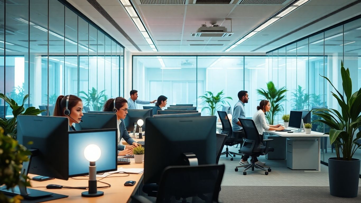 Professional call center staff in a futuristic business office