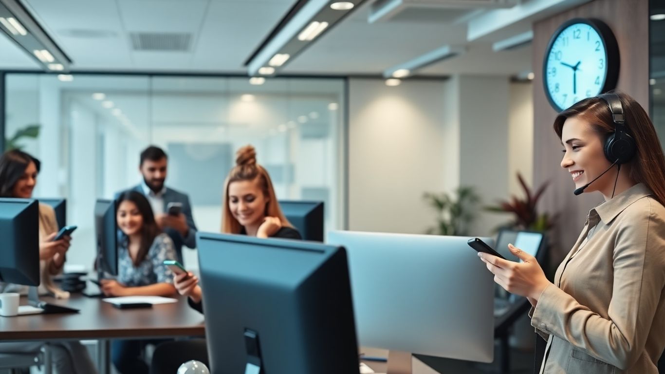 Receptionist with headset and team managing calls efficiently.