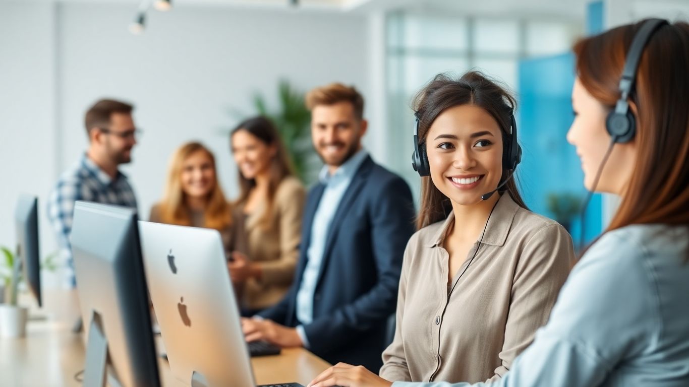 Receptionist answering call with happy business owners nearby