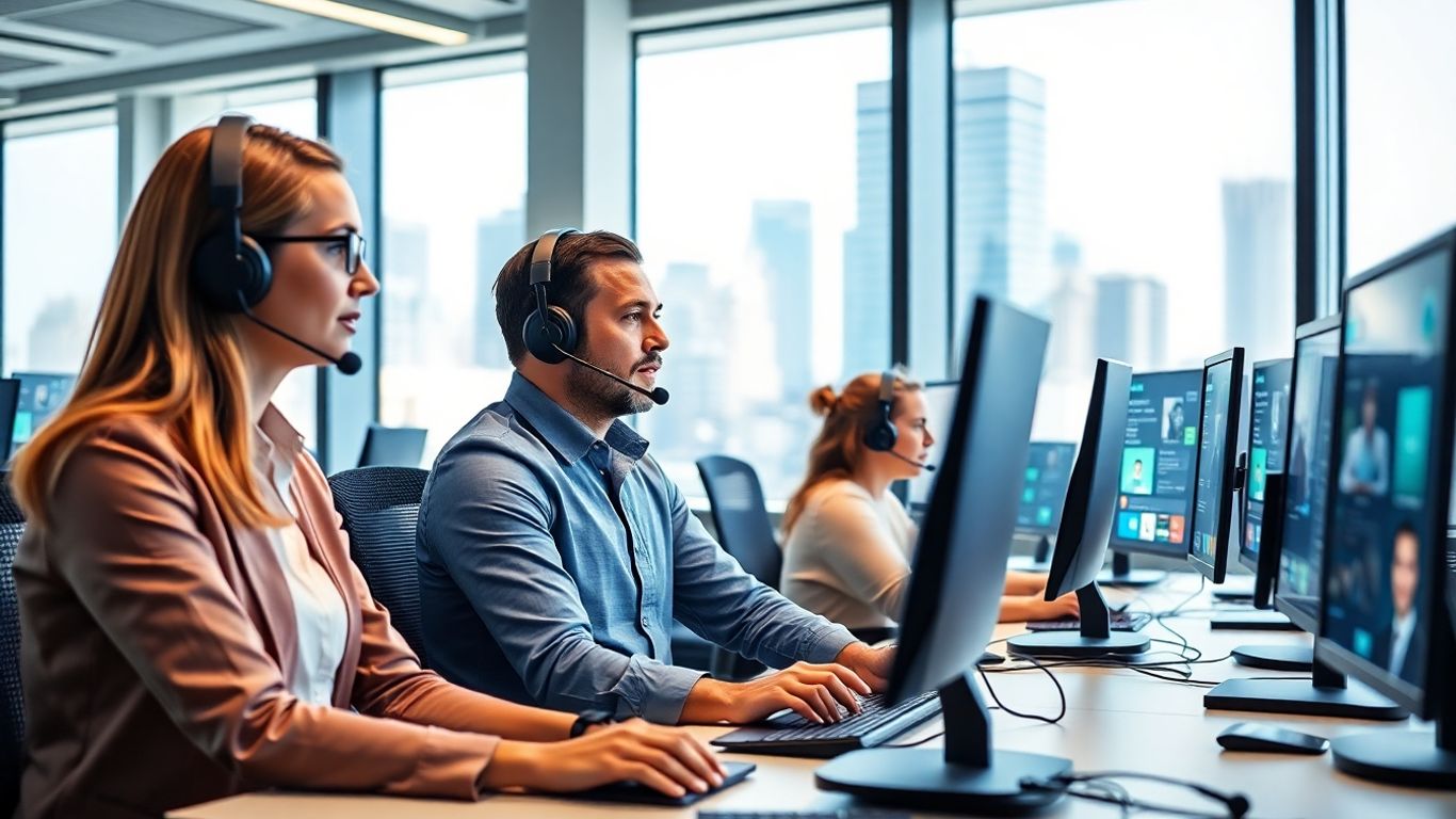 Modern call center with AI and professionals at work