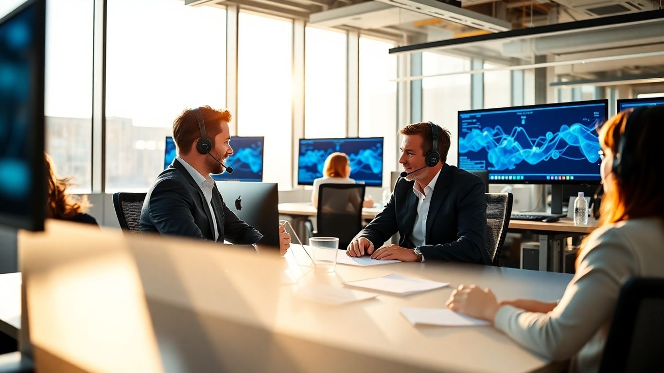 Professionals using headsets in a modern office setting.