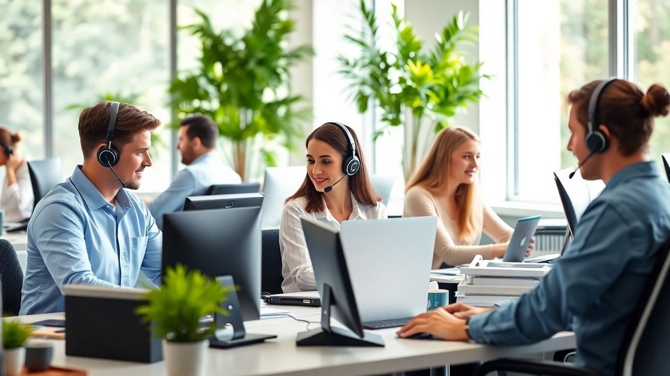 Office professionals using headsets answering multiple phone calls