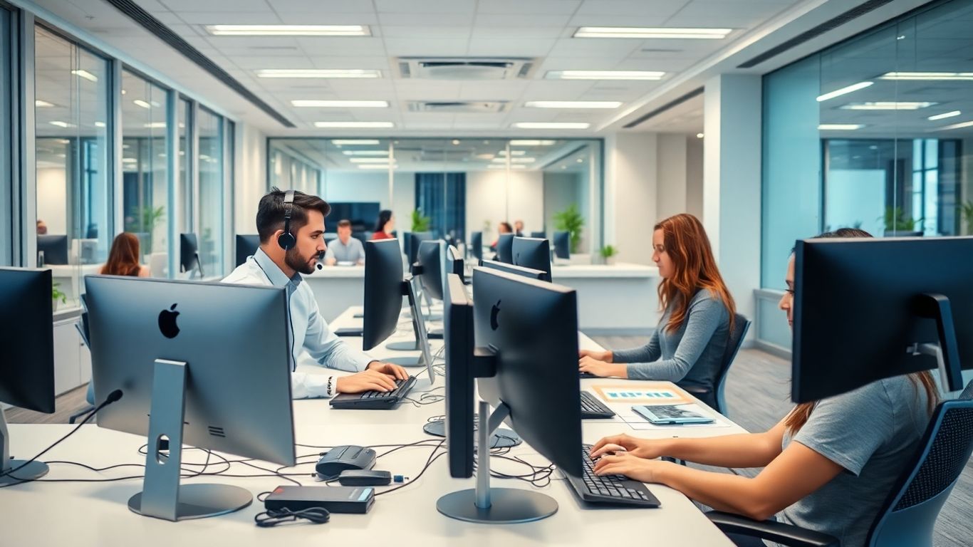 Modern office staff with headsets and business technology