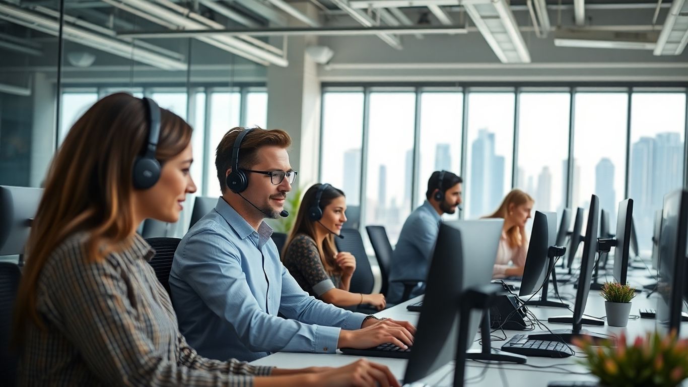 Professional call center team working in modern office