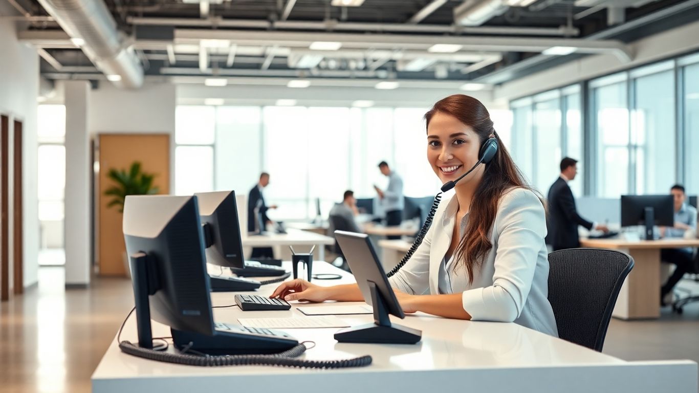 Receptionist answering calls in modern business office
