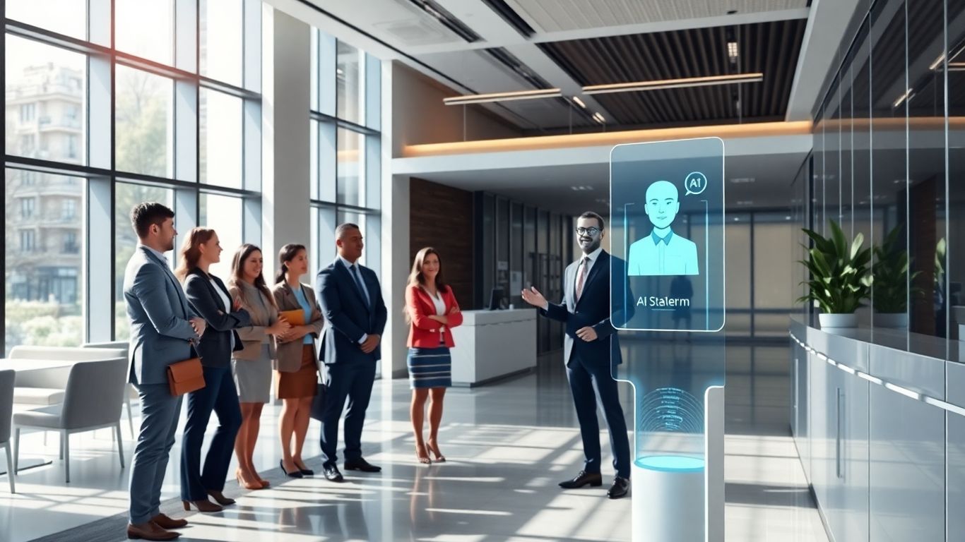 AI receptionist greeting professionals in a modern office