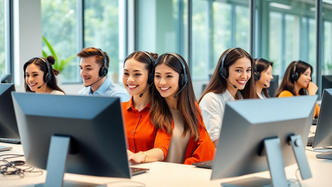 Smiling call center agents in Pasadena answering phones together