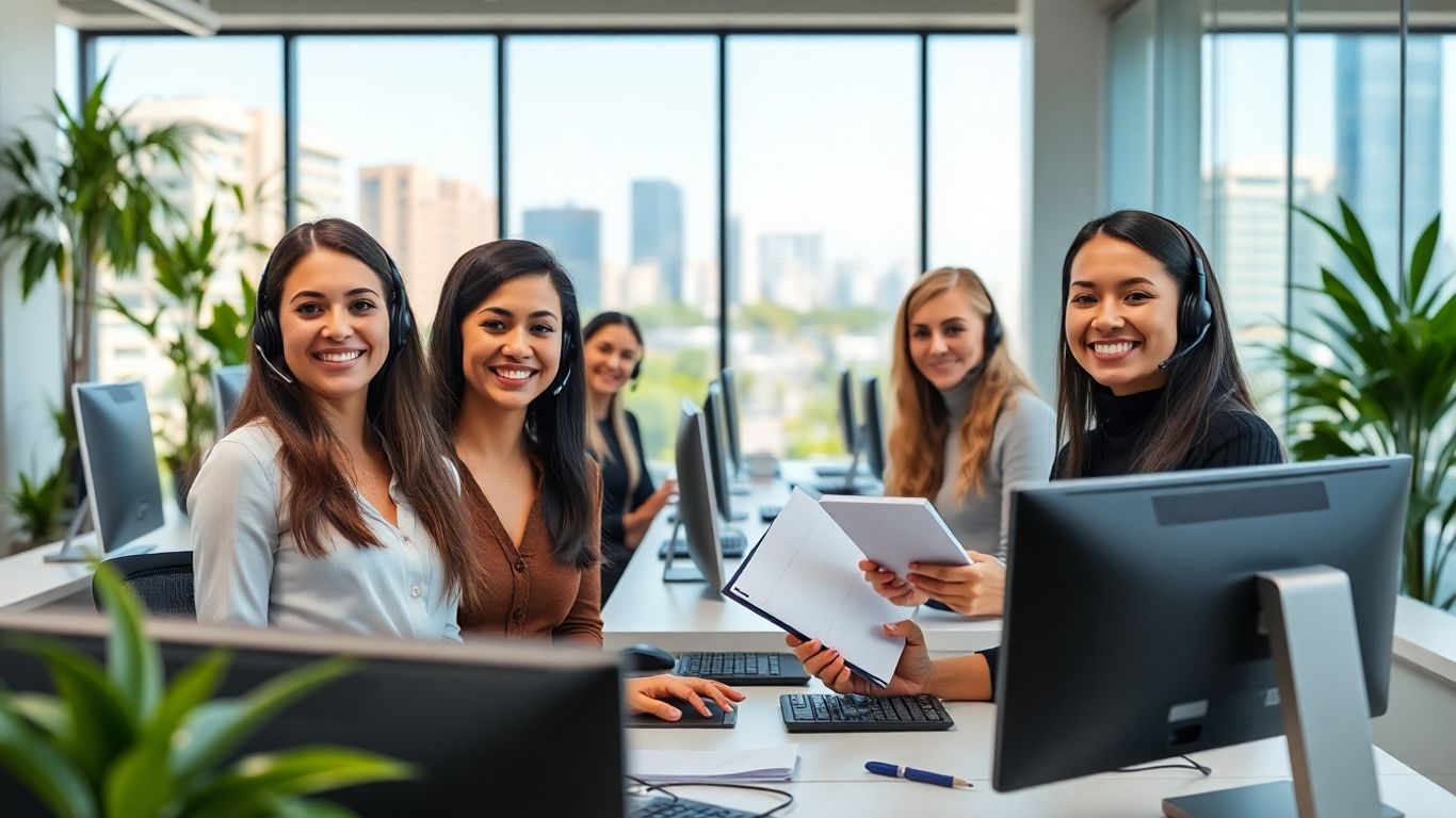 Friendly Pasadena call center team on headsets in office.