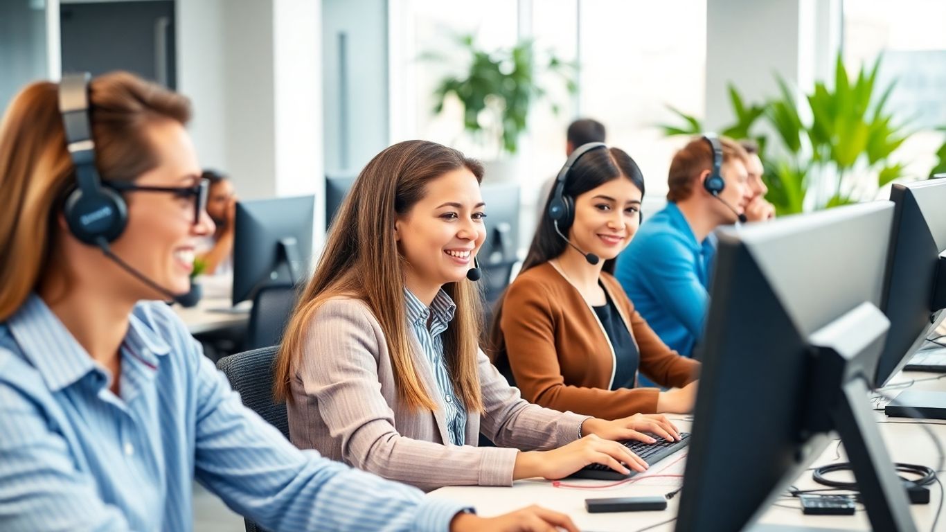 Call center agents in modern office assisting customers