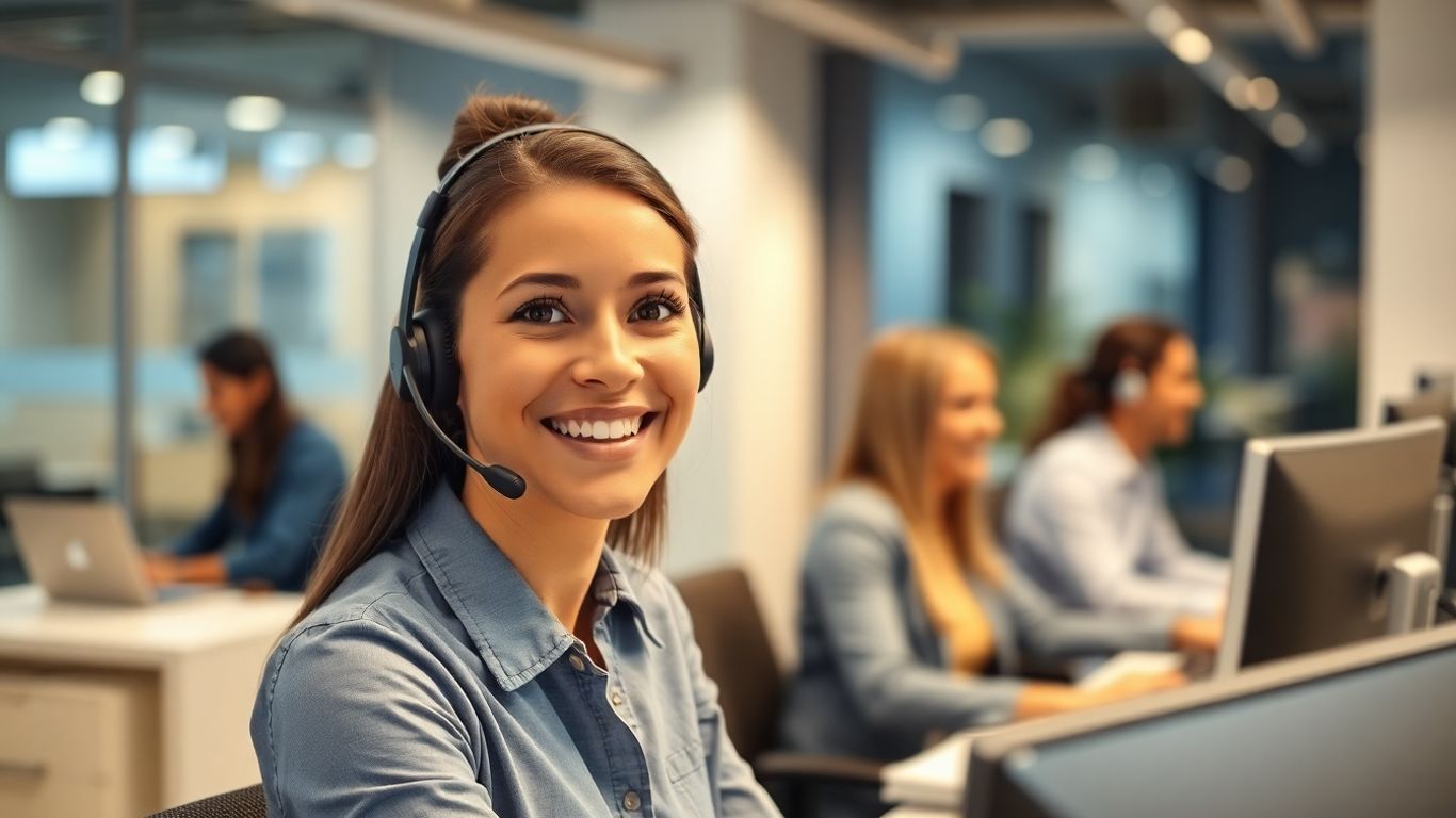 Smiling call center agent assisting customers 24/7