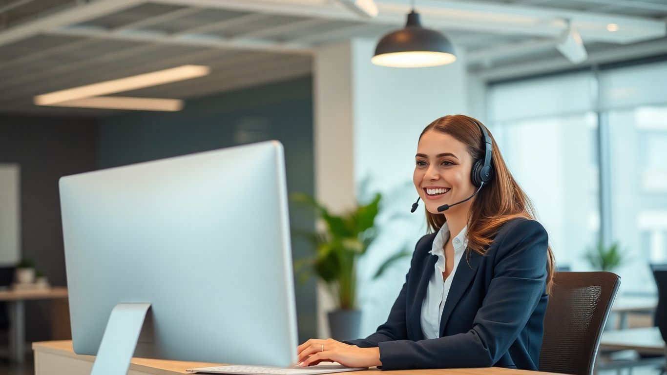 Receptionist with headset answering call in modern office.