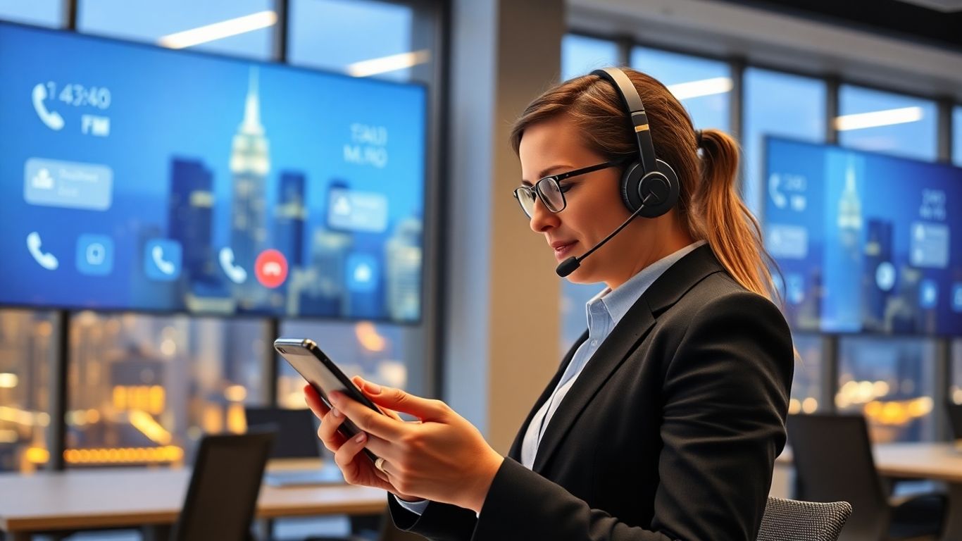 Professional answering calls in a modern office setting