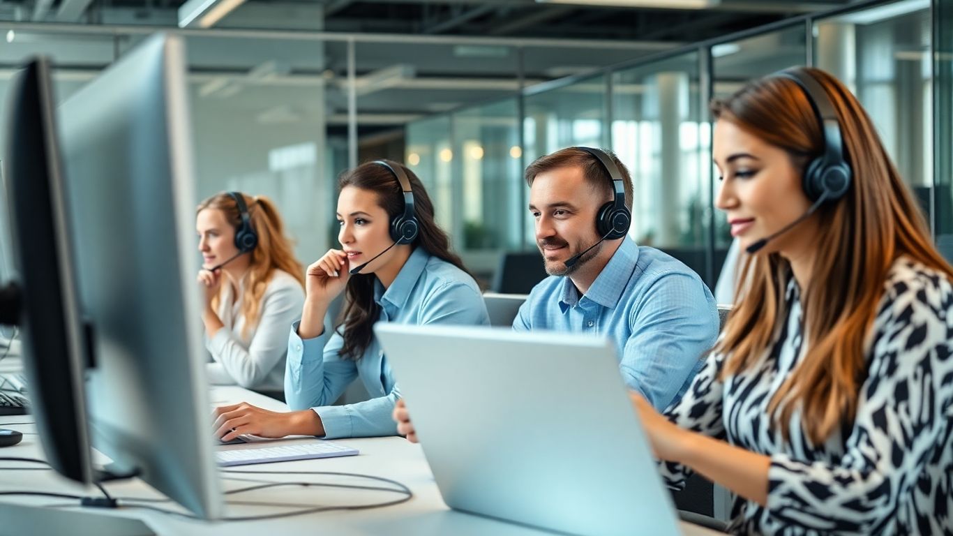 Call center team working with modern technology
