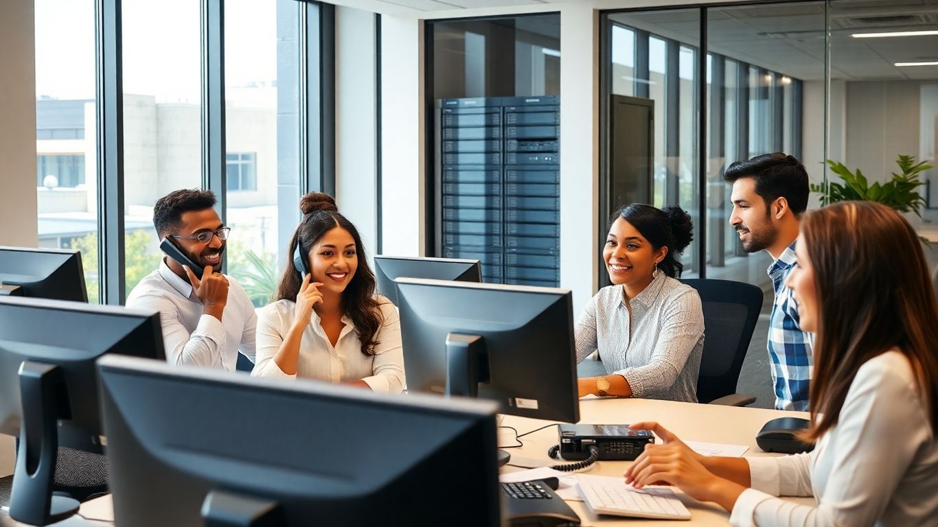 Professionals in modern McAllen office using phones and computers.