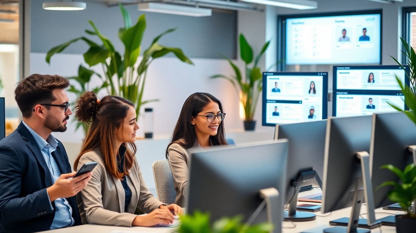 People in office using tech and digital dashboards