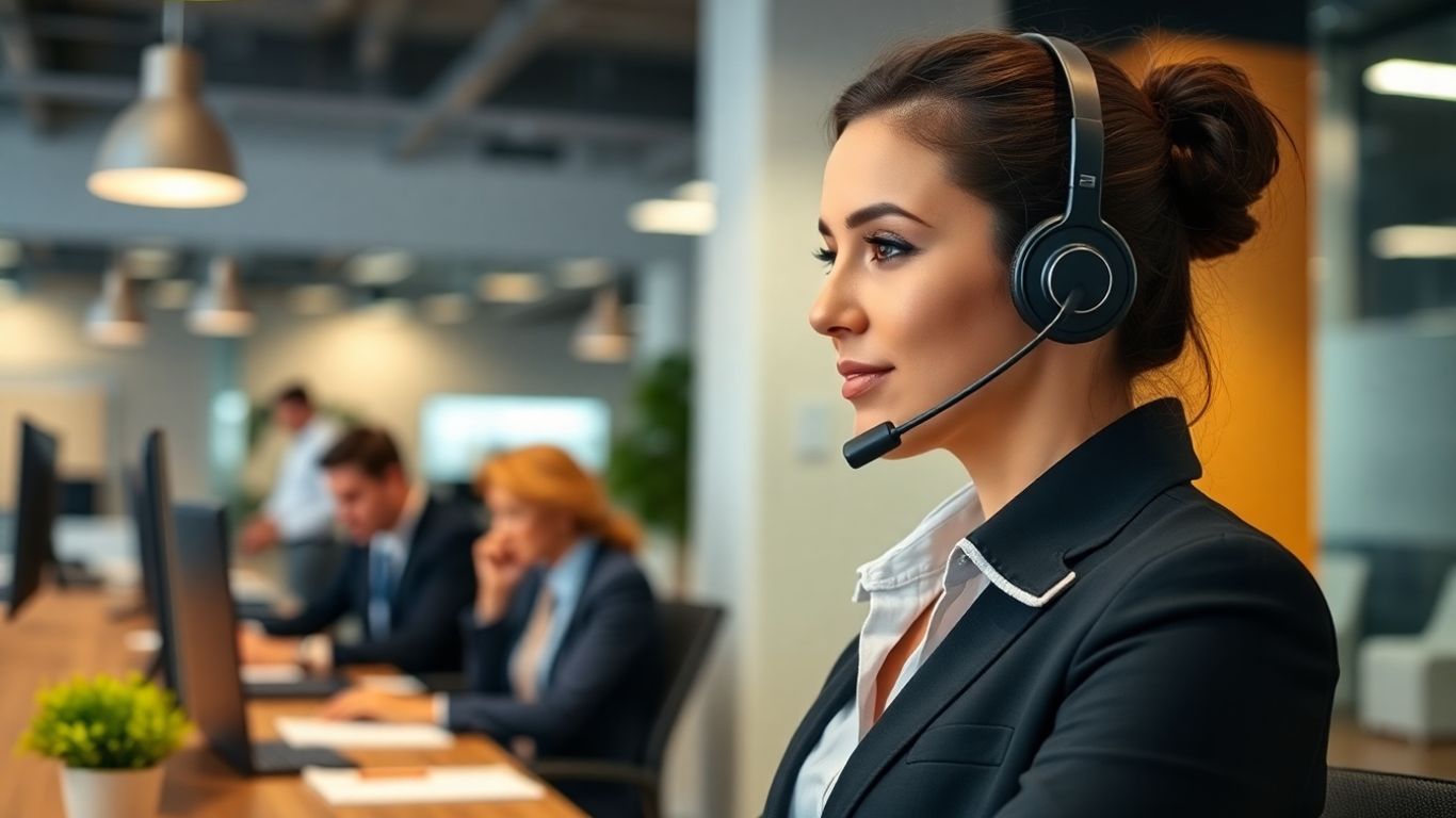 Receptionist answering phone in modern McAllen office