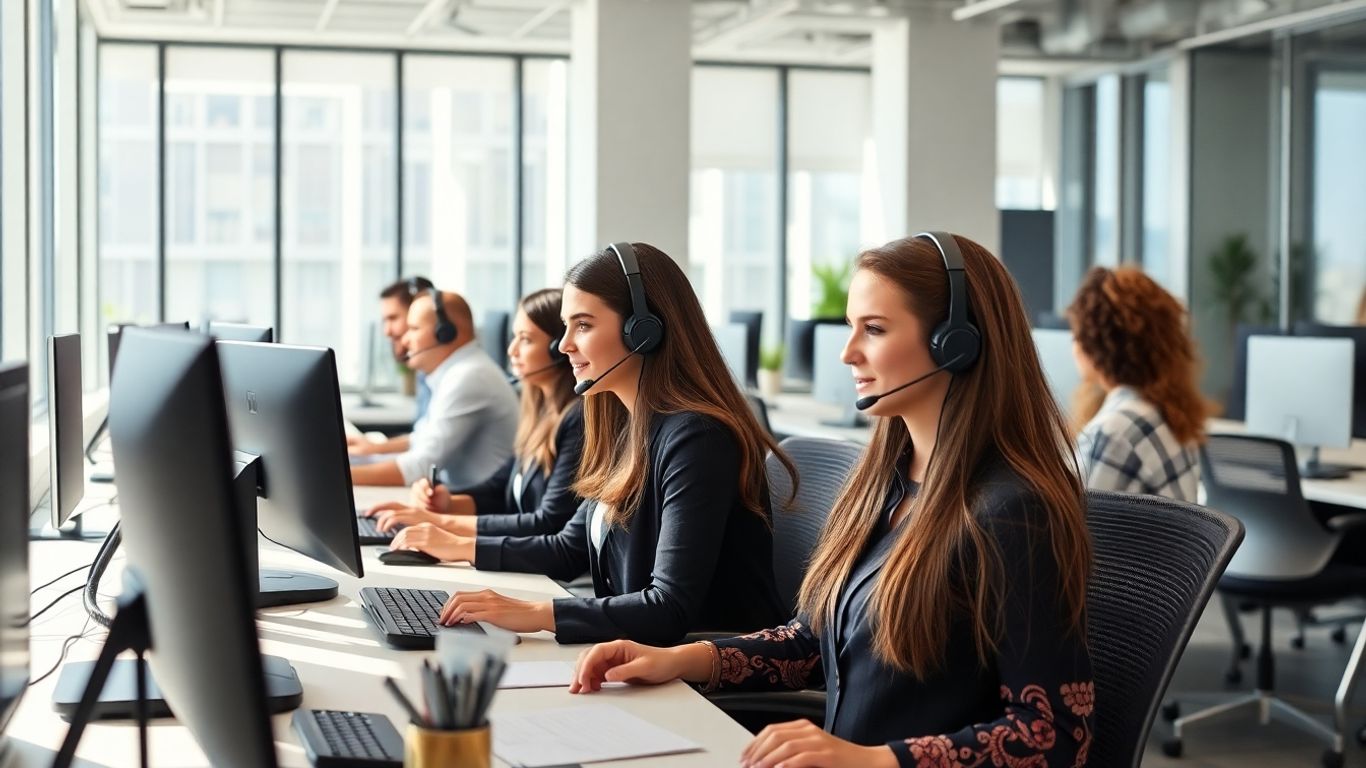 Professional call center agents working in modern office